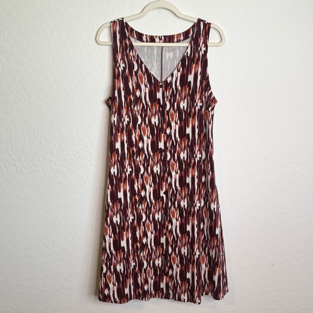 Garnet Hill Green Cotton Tencel Abstract Ikat Print V-Neck Shift Dress Large